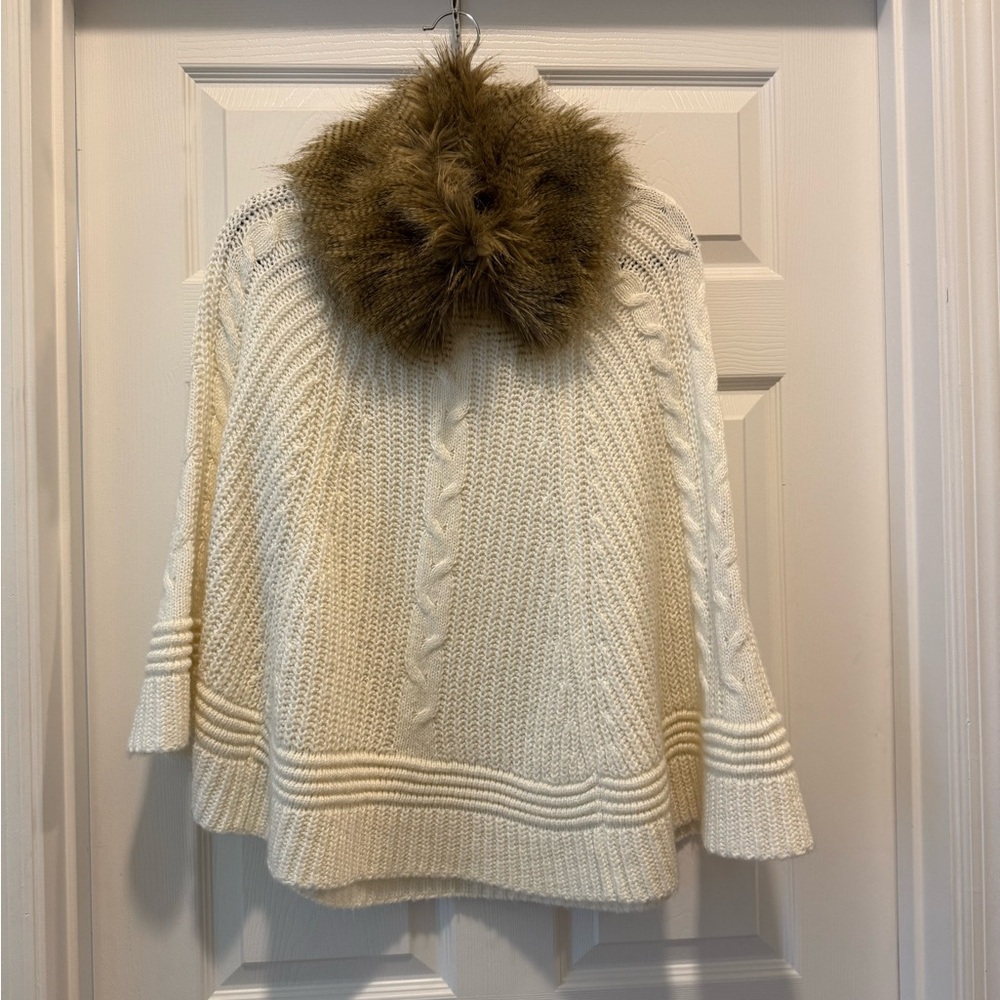 Cache Cream Sweater with Brown Faux Fur Collar